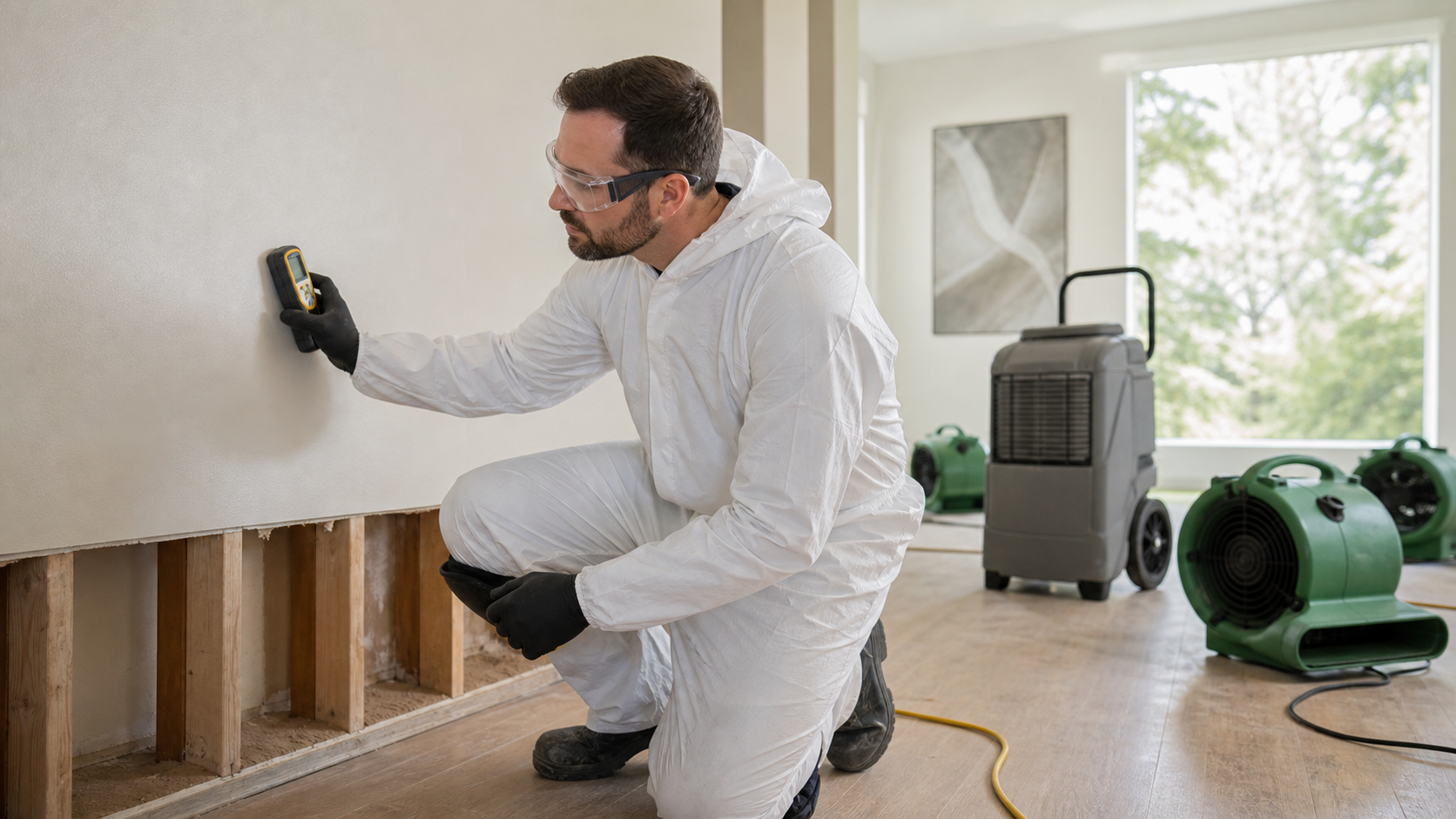 Restoration technician inspecting a water-damaged wall